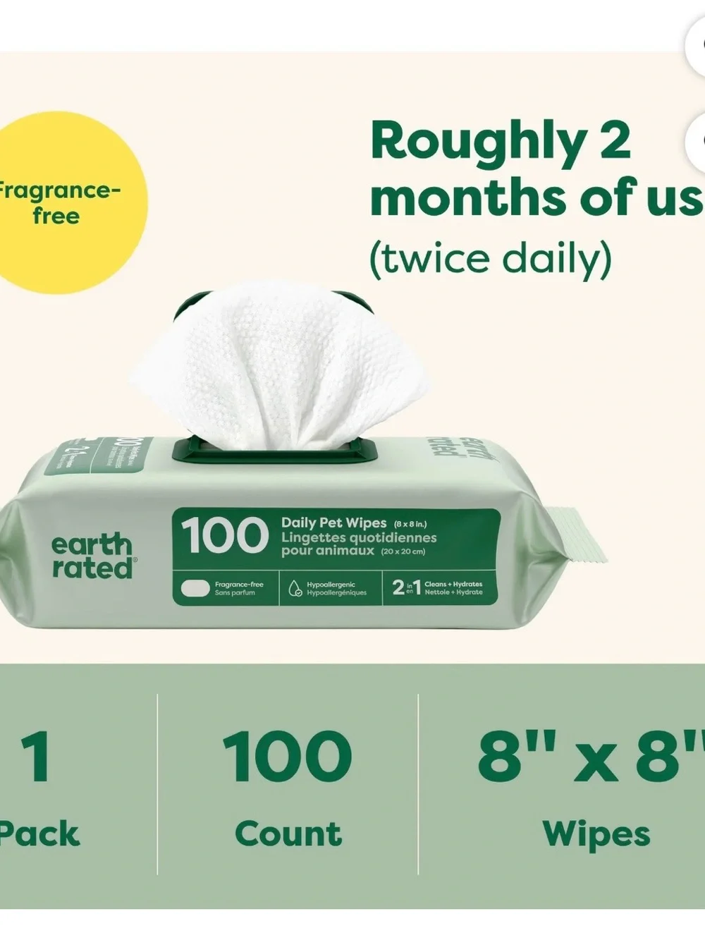 earth rated 100 Count Daily Pet Wipes - White Wipes